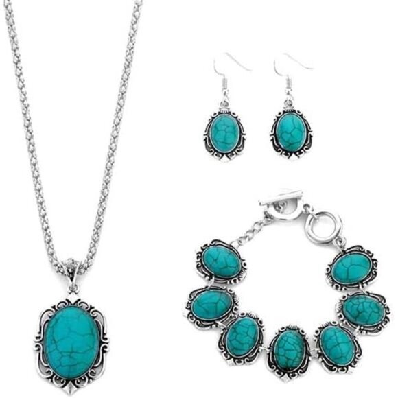 Turquoise Bohemian Dangle Metal Large Oval Earrings Statement Teardrop Earrings - Picture 1 of 5